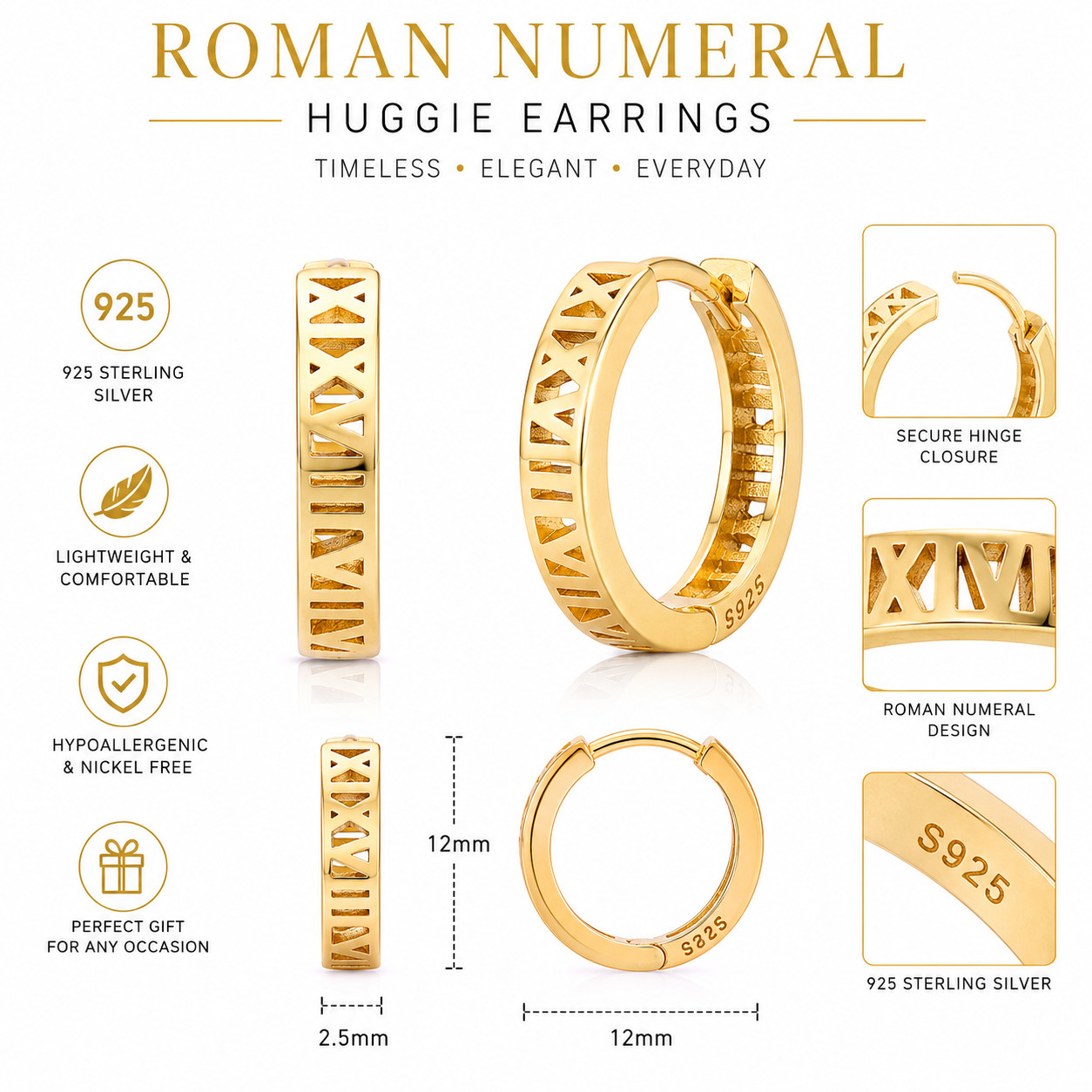 925 Sterling Silver Gold Plated Roman Numeral Huggie Hoop Earrings