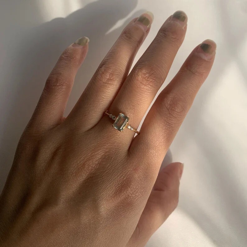 Emerald Cut Green Amethyst Gemstone Silver Ring Handmade Womens Ring