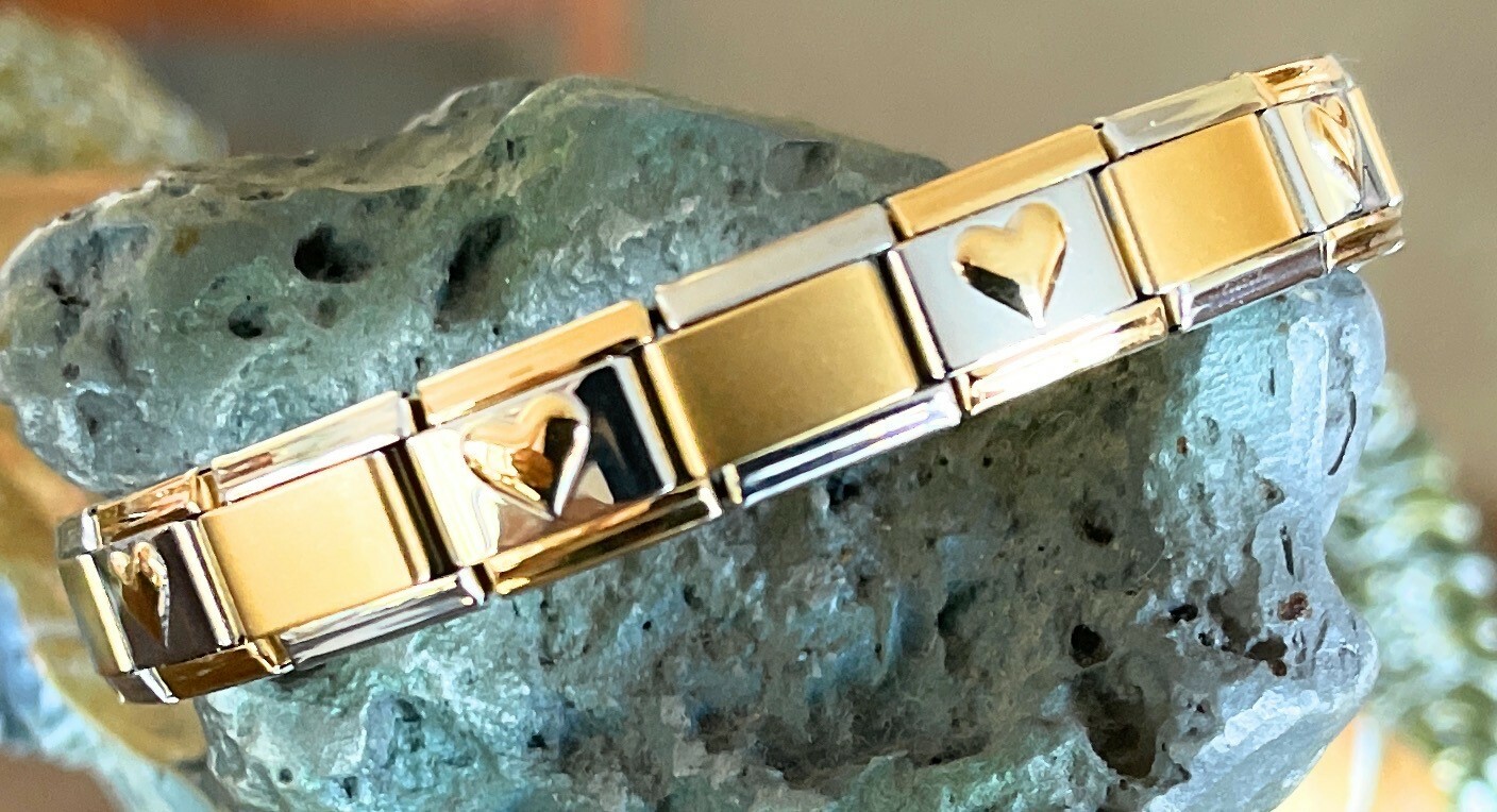 Italian Charm Bracelet Stainless Steel Silver Gold & Heart Links 9 mm Modular