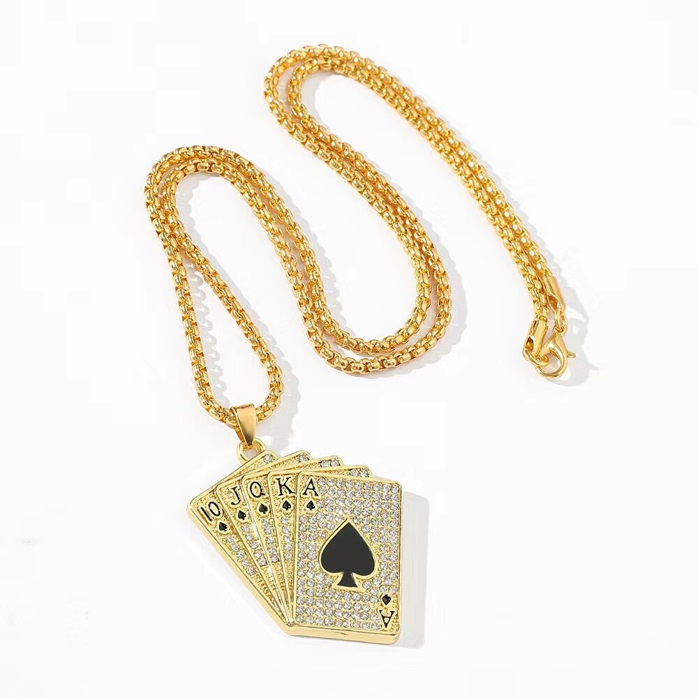 Mens Gold Playing Card CZ Poker Pendant Necklace Punk Hip Hop Jewelry Chain 24″