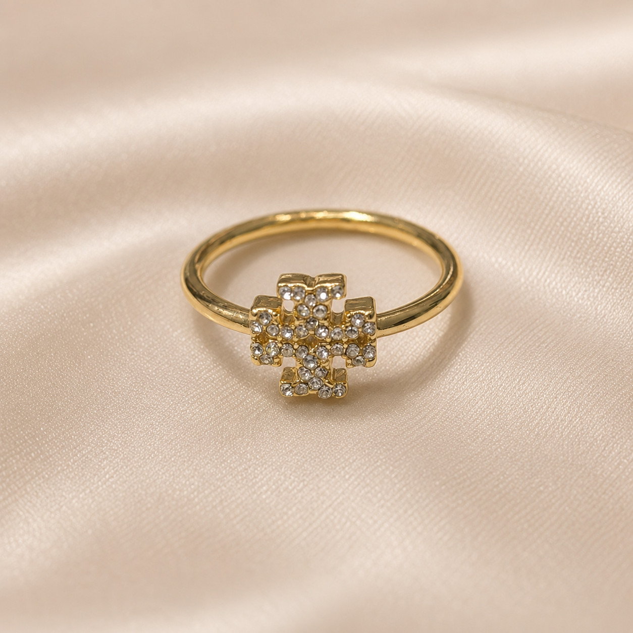 Tory Burch 18k Gold Crystal Double T Logo Icon Ring Dainty Logo Band NEW 7