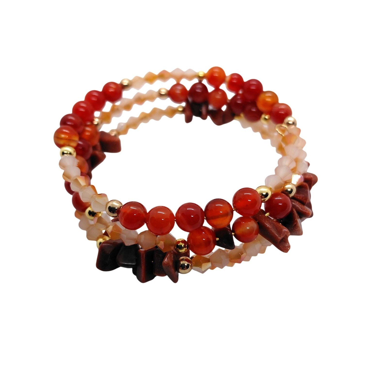 Memory wire wrap bracelet carnelian Goldstone peach crystals gold tone