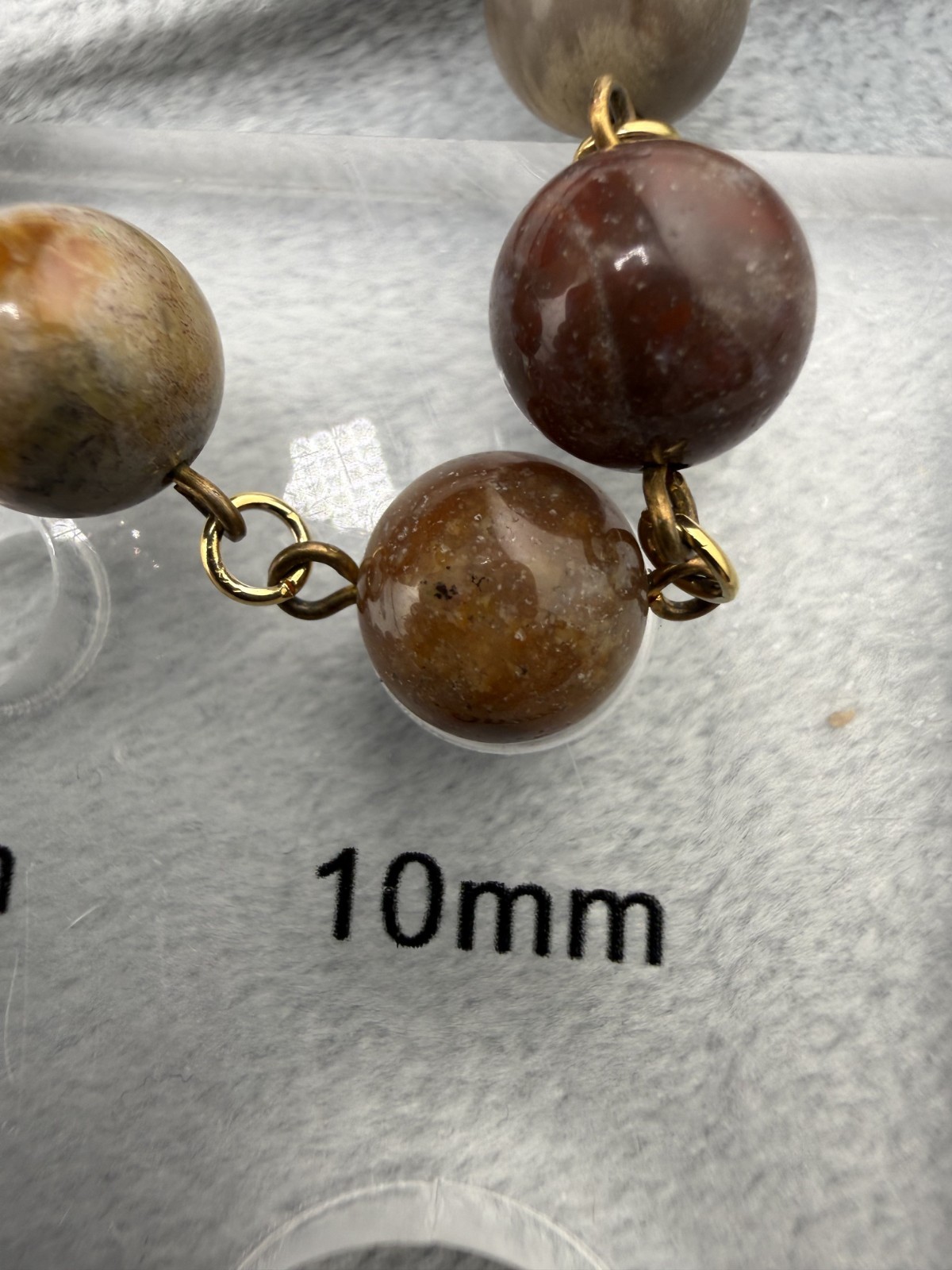 Stone Beaded Necklace Brown Pink Polished Gold Tone 16″