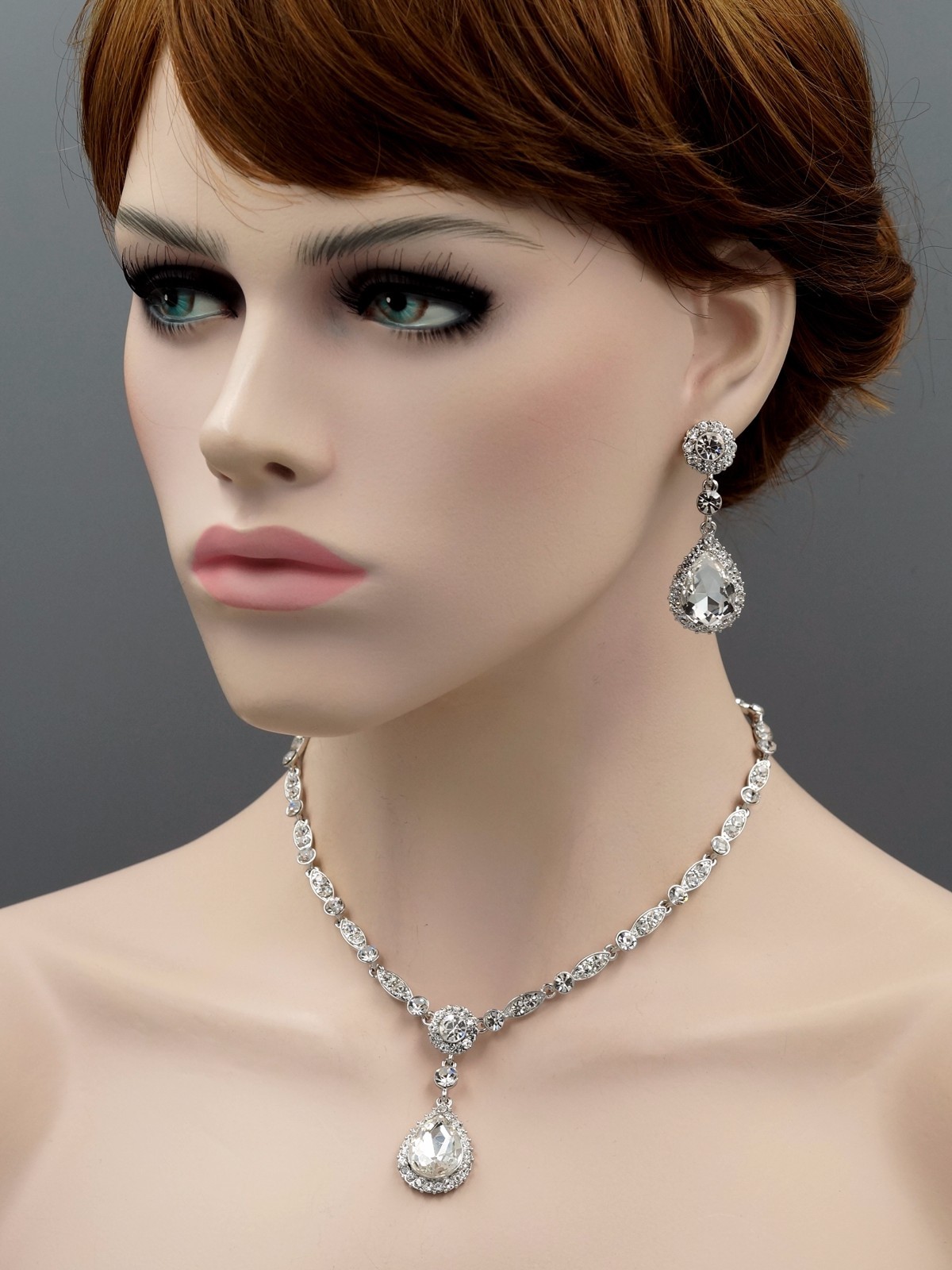 Women Clear Crystal Teardrop Necklace Pendant Earrings Wedding Jewelry Set 9151