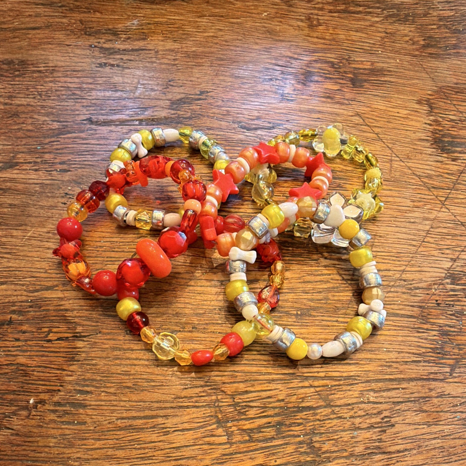 Set Of 6 Multicolor Beaded Stretch Charm Bracelets Flowers Stars Stackable