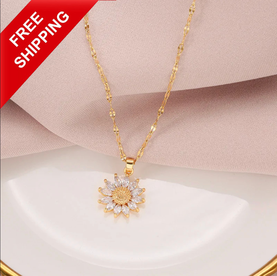 Luxury Gold Fashion Jewelry Gold Cubic Zircon Sunflower Pendant Necklace