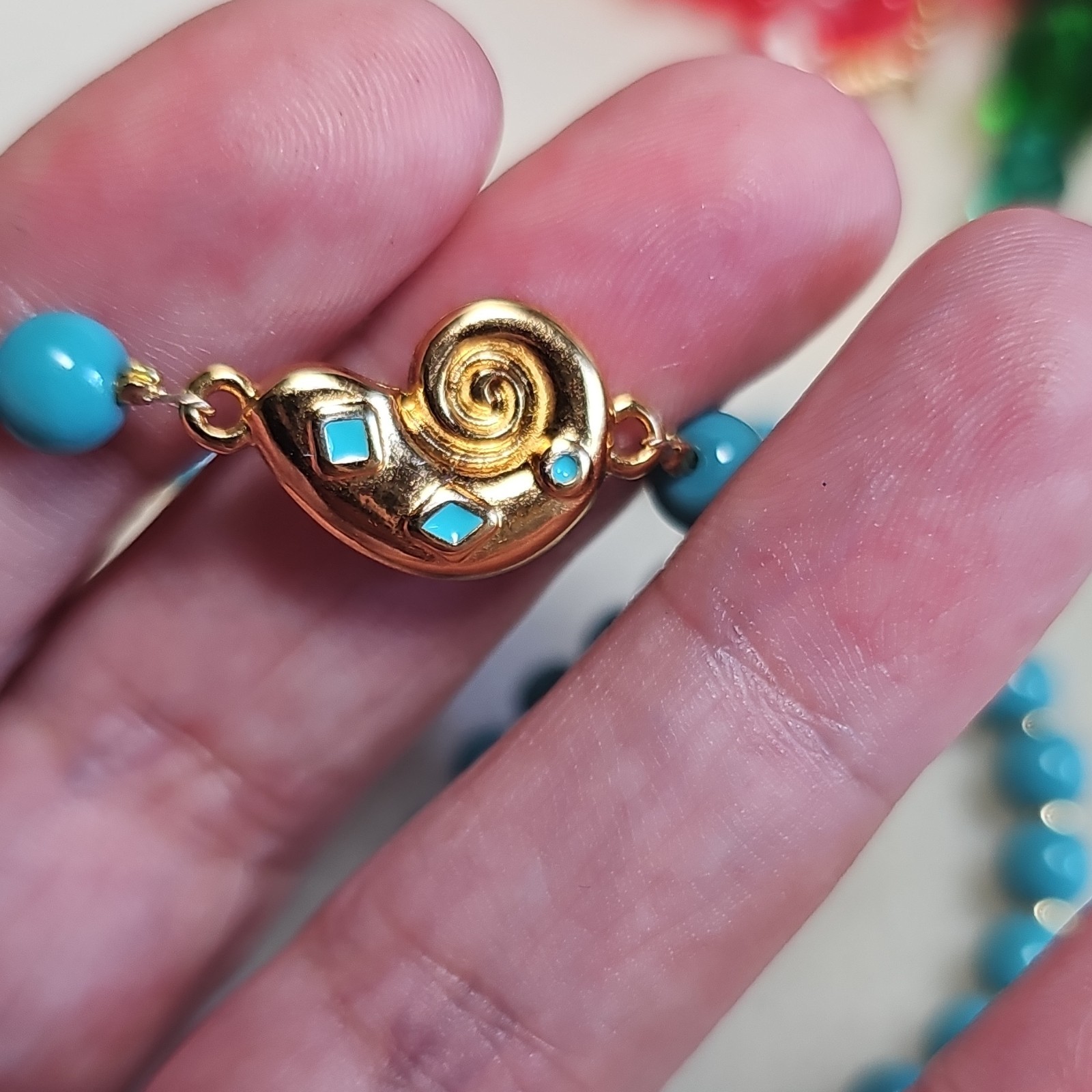 Turquoise Glass Beaded Necklace W/ 18k Gold Plate Shell Enamel Focal S-hook Clos