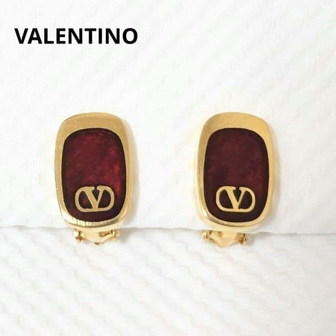 VALENTINO Earrings Clip V-Logo Red Gold Vintage