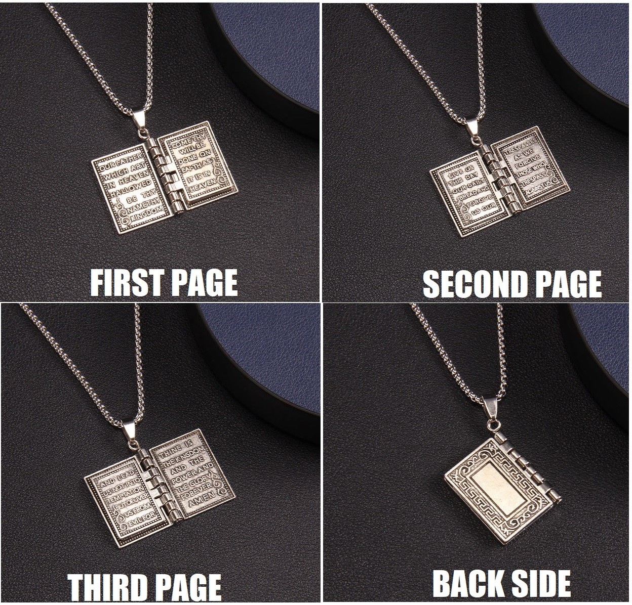 2× Stainless Steel Silver Bible Open Pages Pendant Unisex Necklace Lord’s Prayer