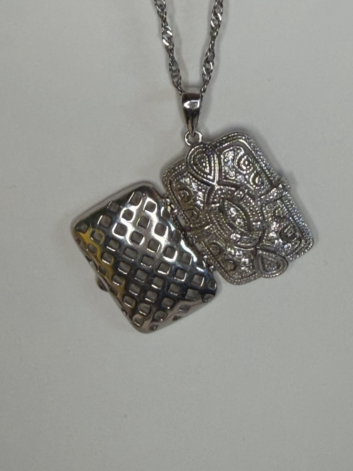 925 Sterling Silver rectangle locket pendant with 16in 18K GP Silver Rope Chain
