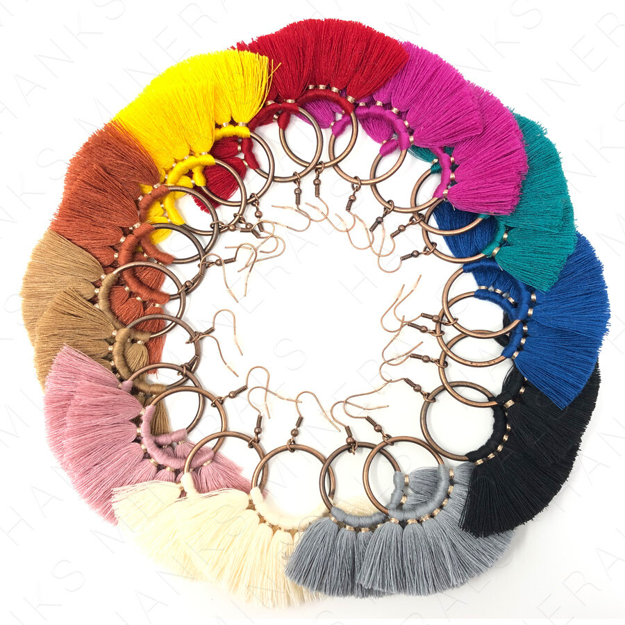 Hoop Fan Tassel Earring Fringe Circle Round Drop Straw Boho Earrings