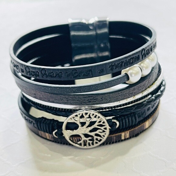 Multilayer Leather Bangle Magnetic Clasp Bracelet for Men or Women 7.5in Black