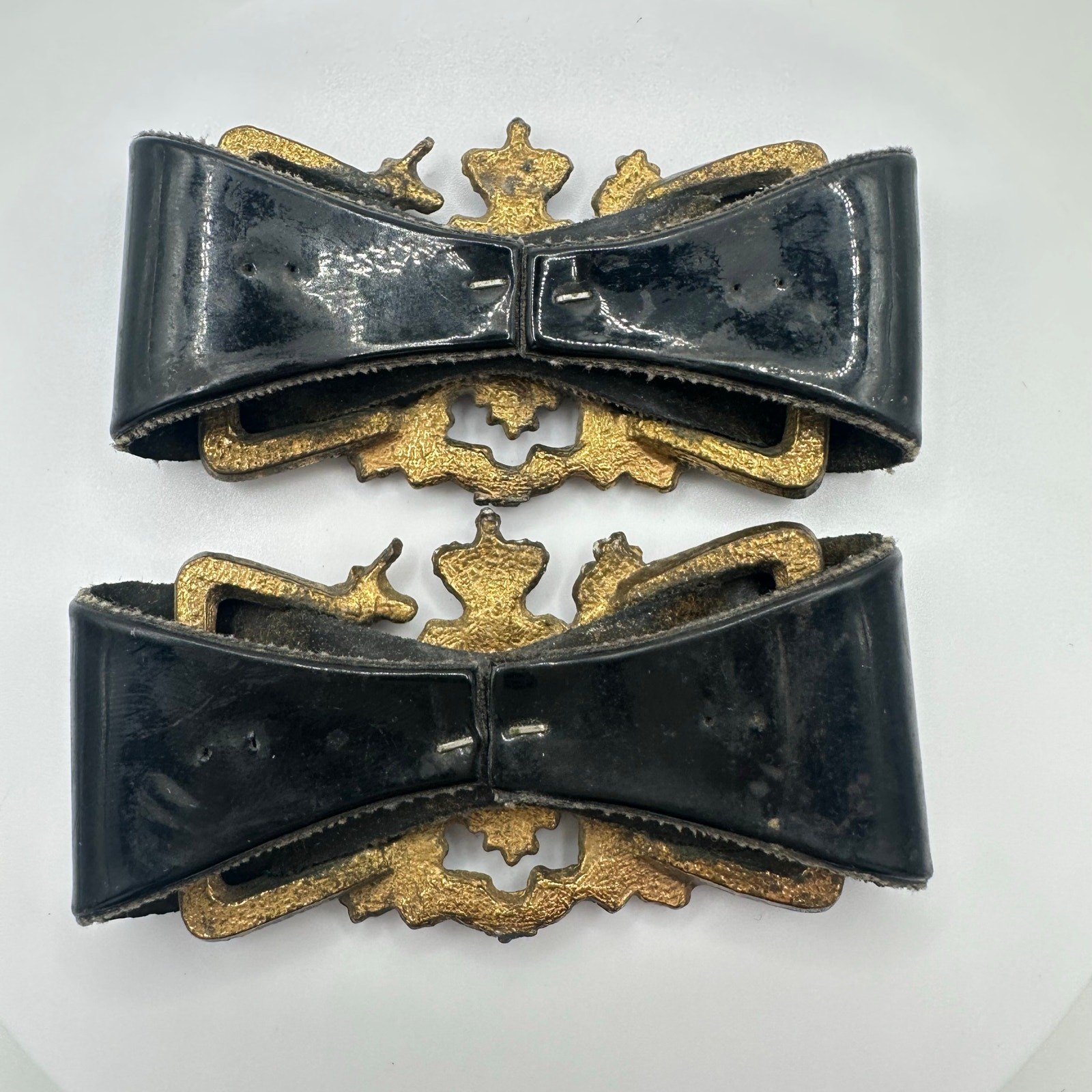 Set of 2 vintage British Military General heraldic patent leather bows buckles