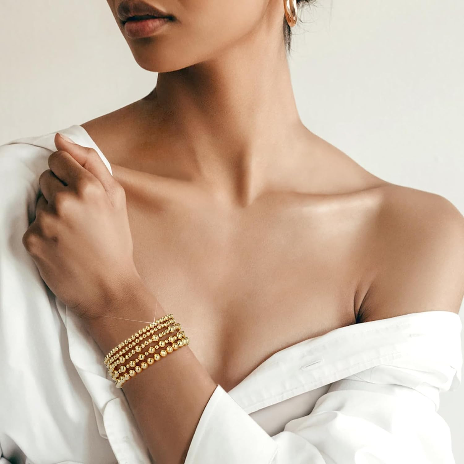 Gold Bracelets for Women Waterproof, 14K Gold Plated Beaded Strand Bead Ball Bra