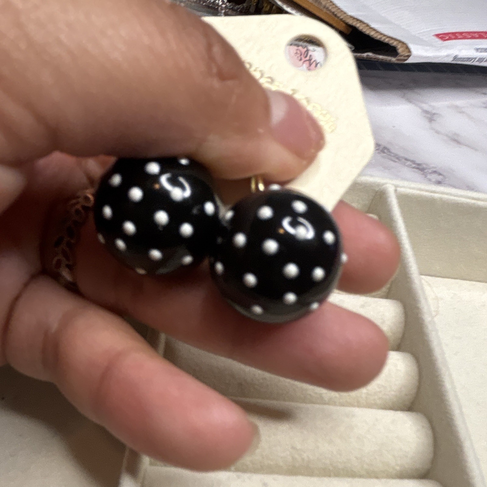 Vintage Copper Round Polka Dot Dangle Drop Earrings Hook Closure Black White