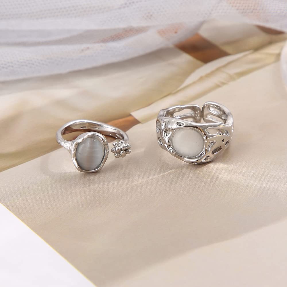 Pingyongchang Y2K Rings Set Irregular Agate Opal Natural Stone Rings Moonston…