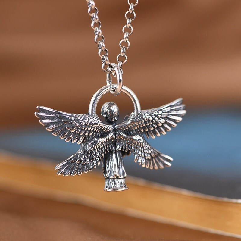 Seraphim Praying Angel 6 Wings Necklace Pendant Retro Charm 925 Sterling Silver