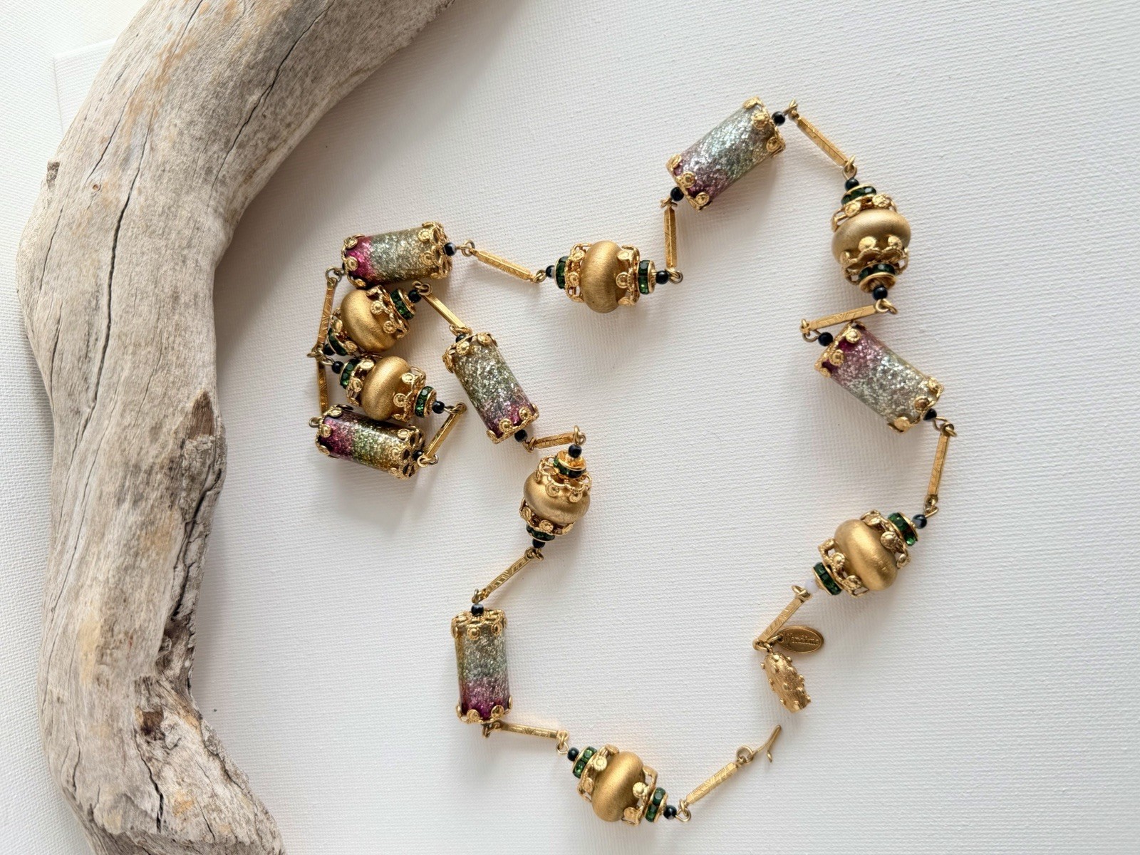 Vintage Vendome Necklace Gold Tone Pink Green Glitter Beads Signed