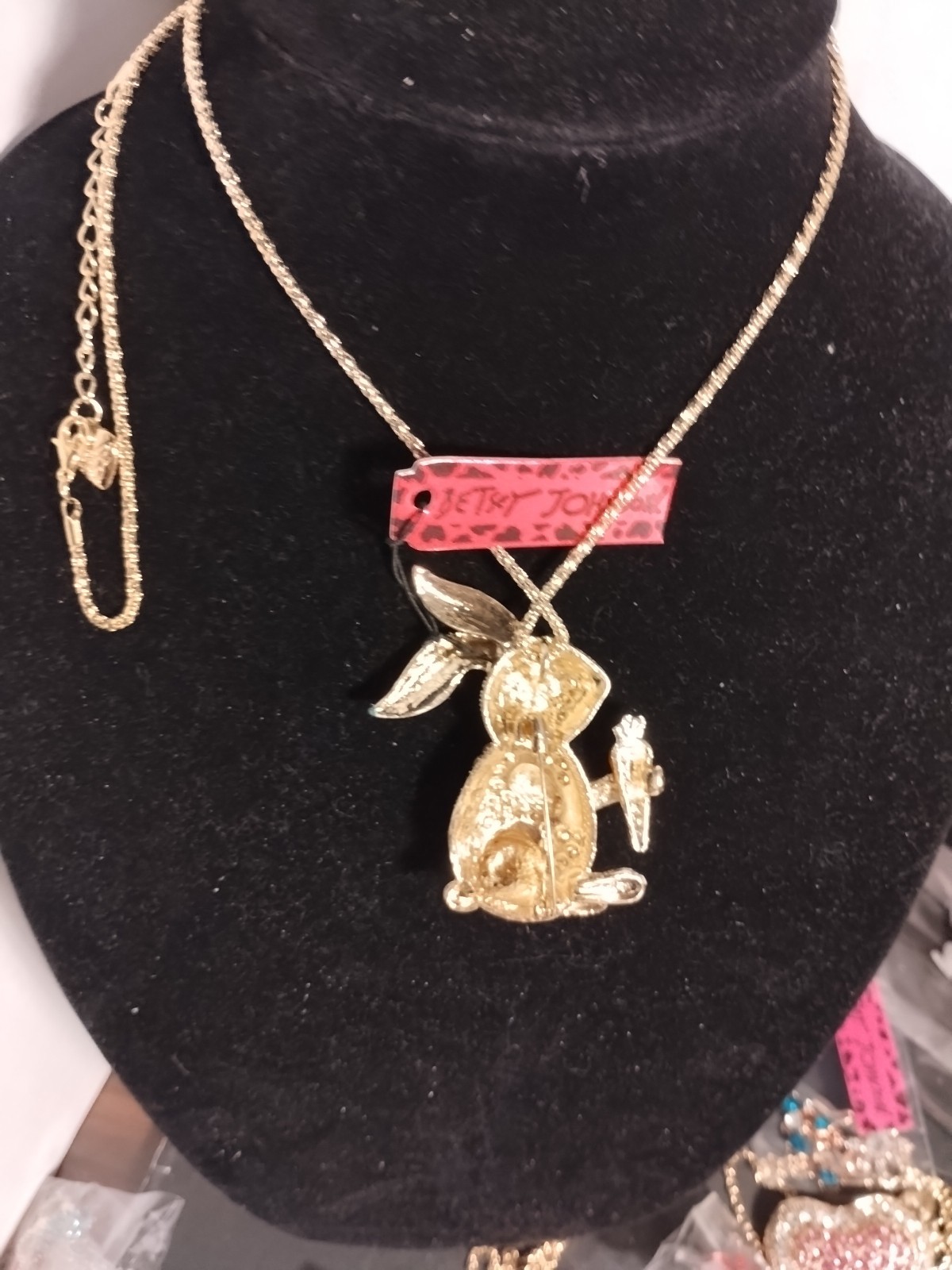 Betsey Johnson Green Rabbit / Bunny & Carrot Rhinestone Necklace/Pin New W/Tags