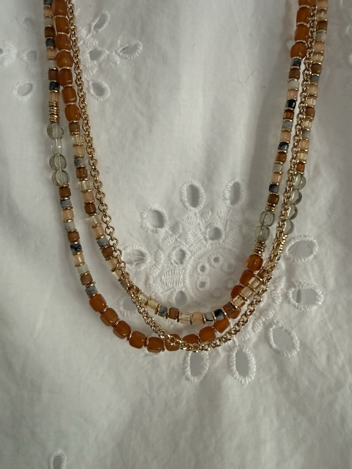 J.Jill Multi Strand Beaded Necklace Orange Tan Blue Gold Tone Boho