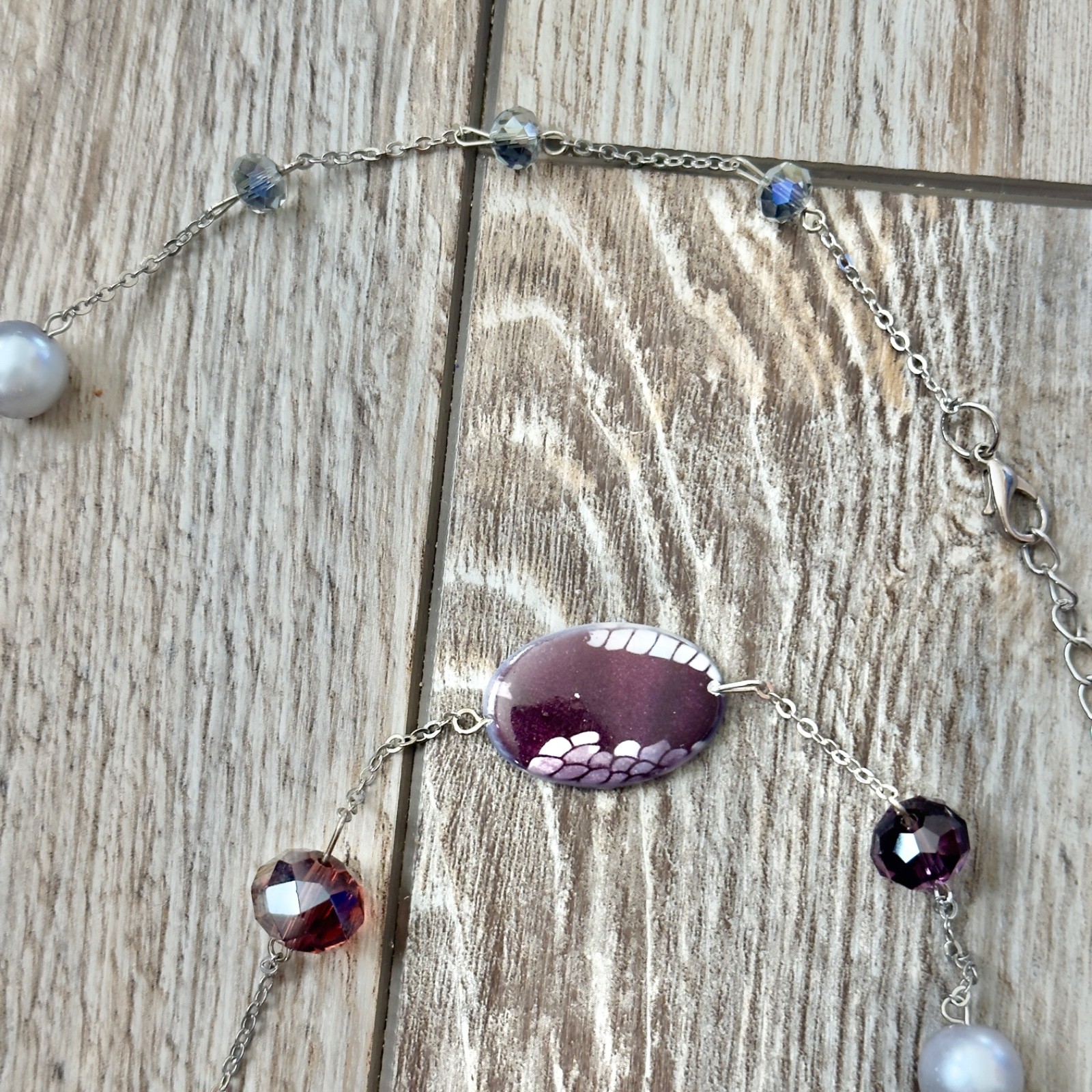 Mixed Materials Beaded Chain Necklace Stone Glass Plastic Faux Pearl Silver Tone