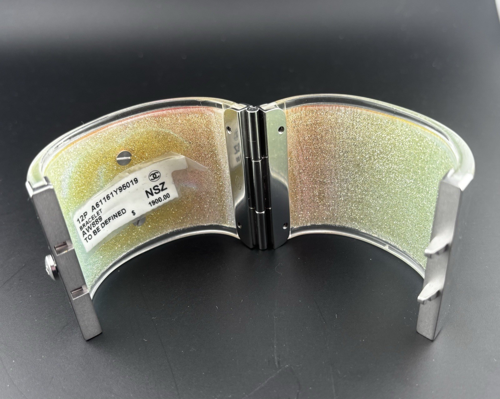 CHANEL IRIDESCENT HOLOGRAM CC HINGED CUFF with box & cover -2012 Spring Collect