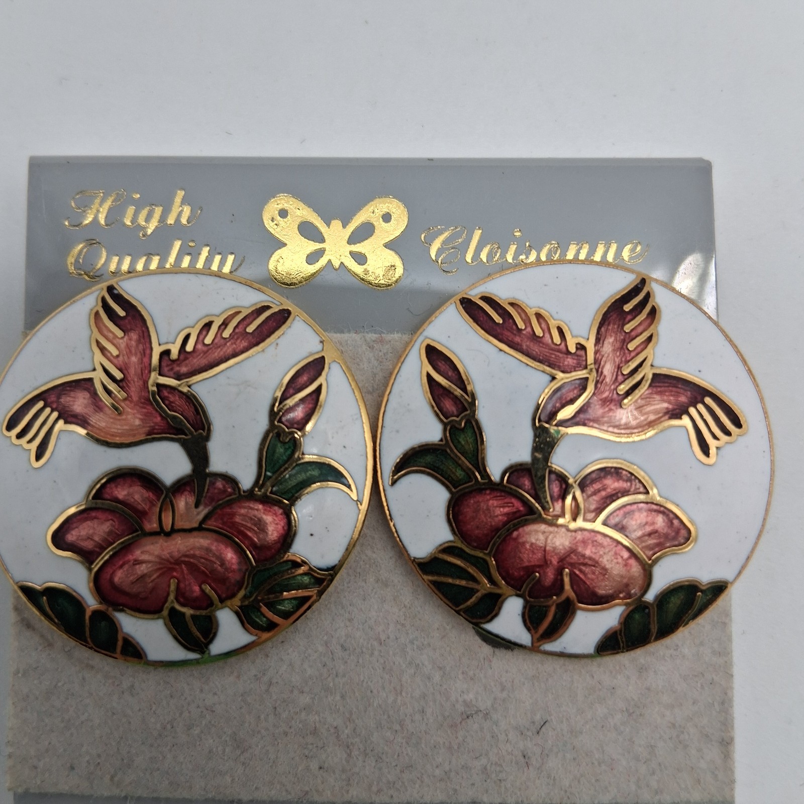 Vtg Cloisonne Enamel Hummingbird Bird Round Clip on Earrings 1″