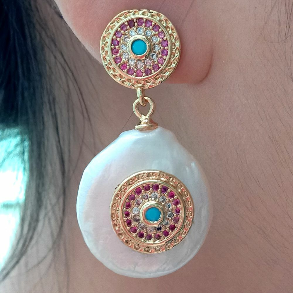 Freshwater White Coin Pearl Cz pave Stud Earrings