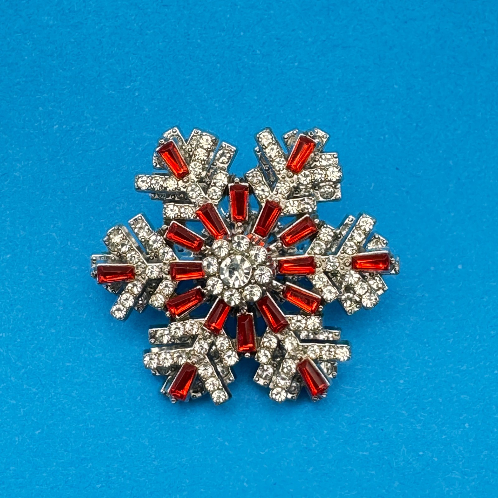 Snowflake Rhinestone Brooch Pin Red Clear Crystal Holiday Jewelry Silver Tone