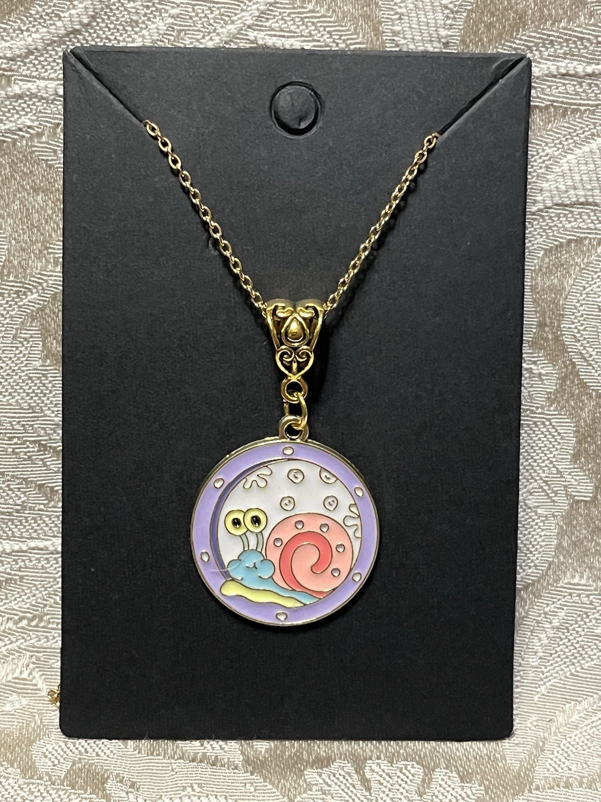 Gary The Snail Sponge Cartoon Enamel Pendant Gold 18” Necklace Novelty