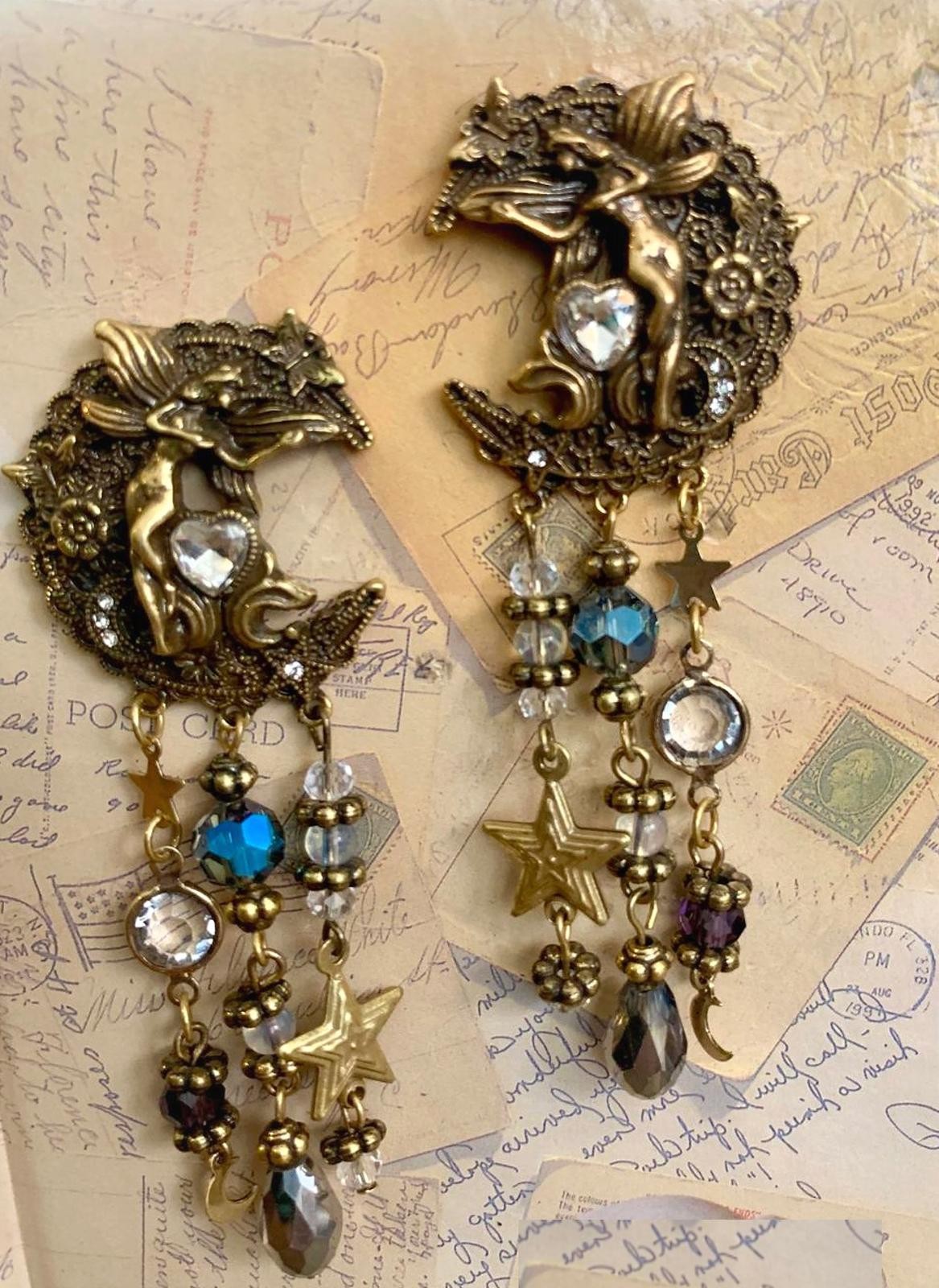 Vintage Designer Fairy Moon Earrings Celestial Star Dangle Fantasy Designer