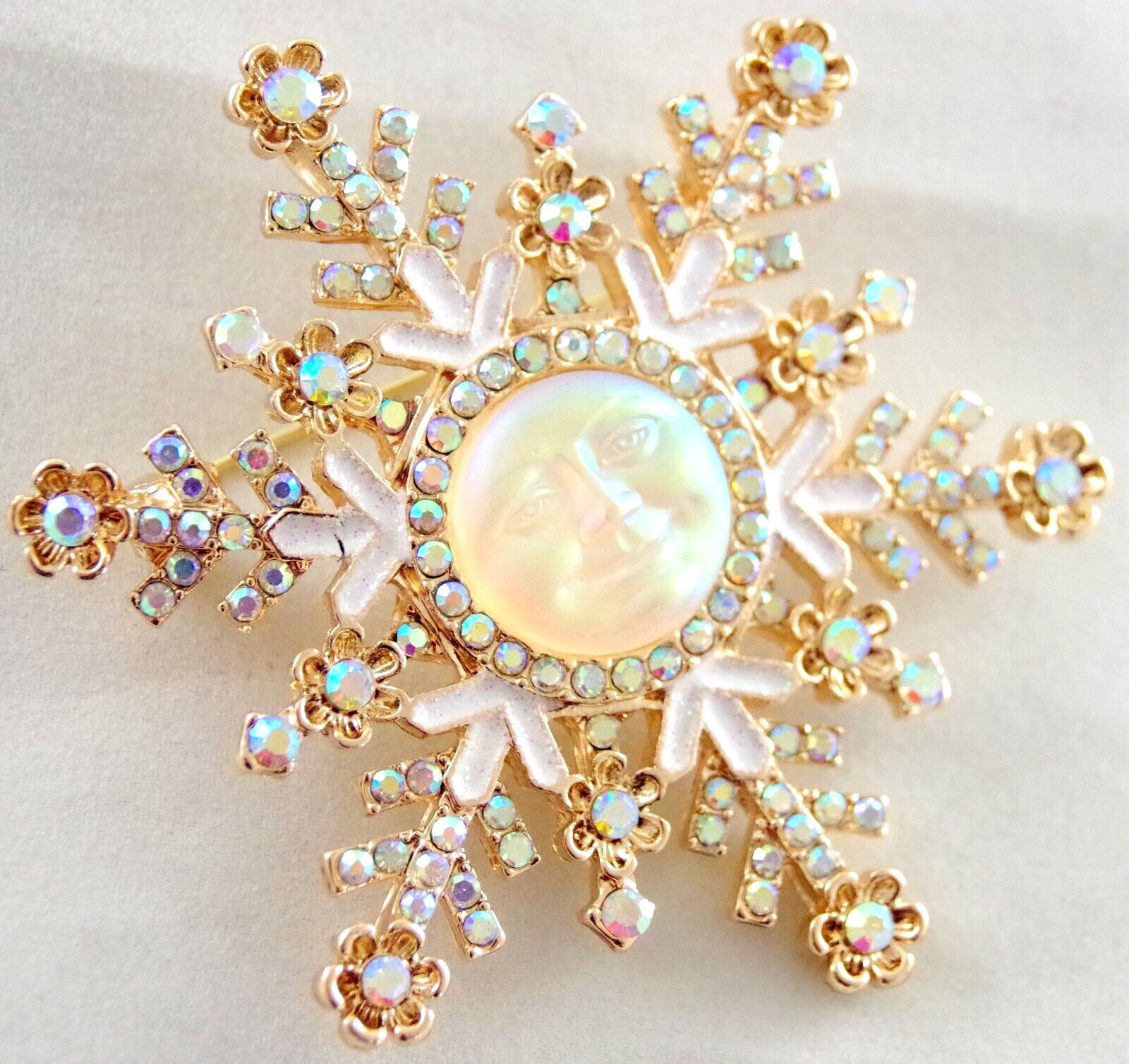 3″ NWOT UNSIGNED VTG INSPIRED MOON FACE AB RHINESTONE SNOWFLAKE PENDANT BROOCH