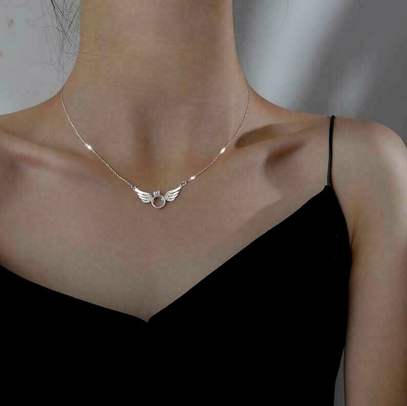 Angel Wing Ring Rose Gold/Silver SP Pave Cubic Zirconia Pendant Chain Necklace