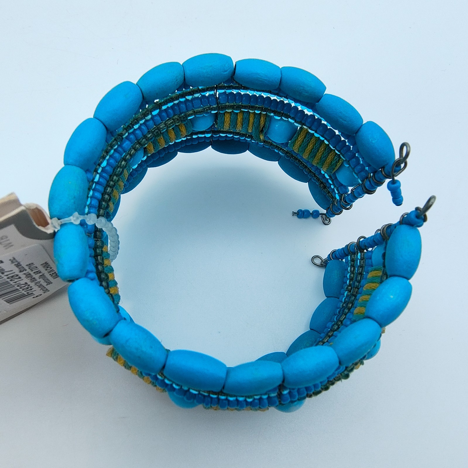 Boho Wood Bead Wire Cuff Bracelet Turquoise Color Southwestern Boho Style