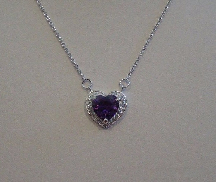 HEART NECKLACE PENDANT W/ LAB DIAMONDS & AMETHYST / 925 STERLING SILVER /18”