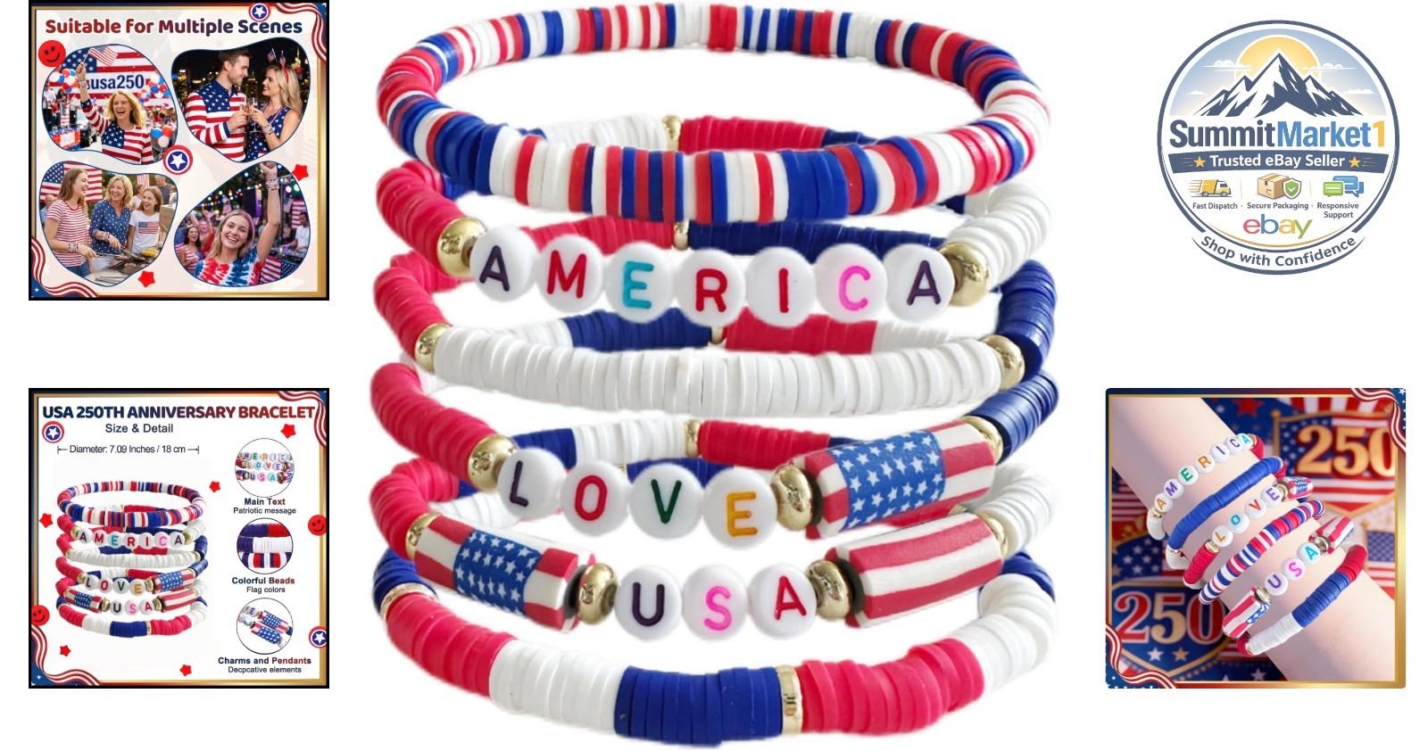 4th of July Bracelets American Flag Red White Blue Patriotic Jewelry