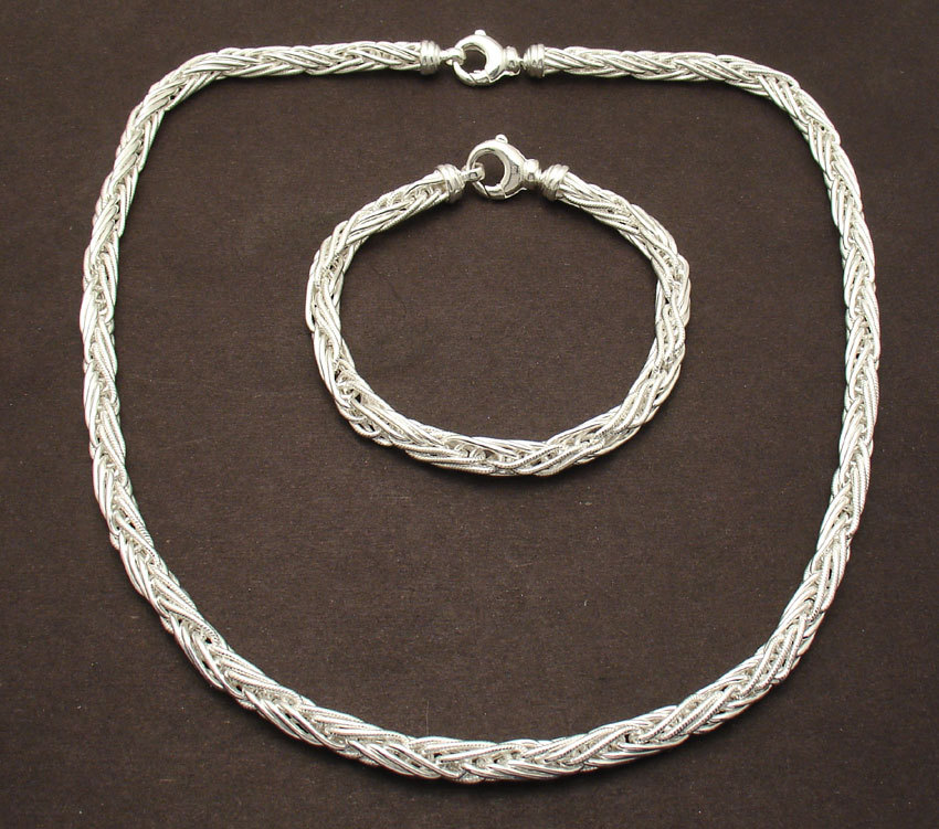 QVC Textured Round Spiga Wheat Chain Bracelet Necklace Real 925 Sterling Silver