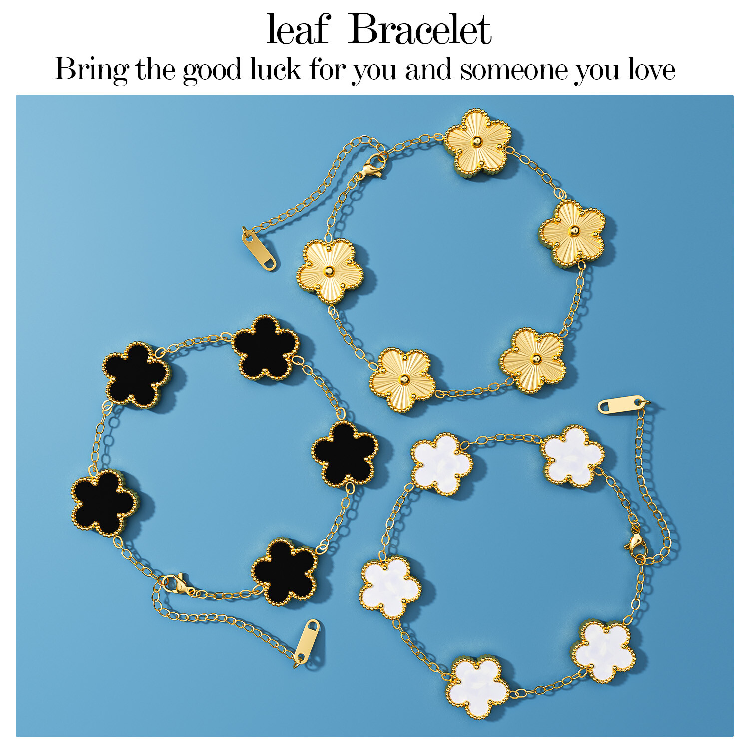 3Pcs 18K Gold Plated Clover Lucky Bracelet Women Flower Five Leaf Link Bracelet