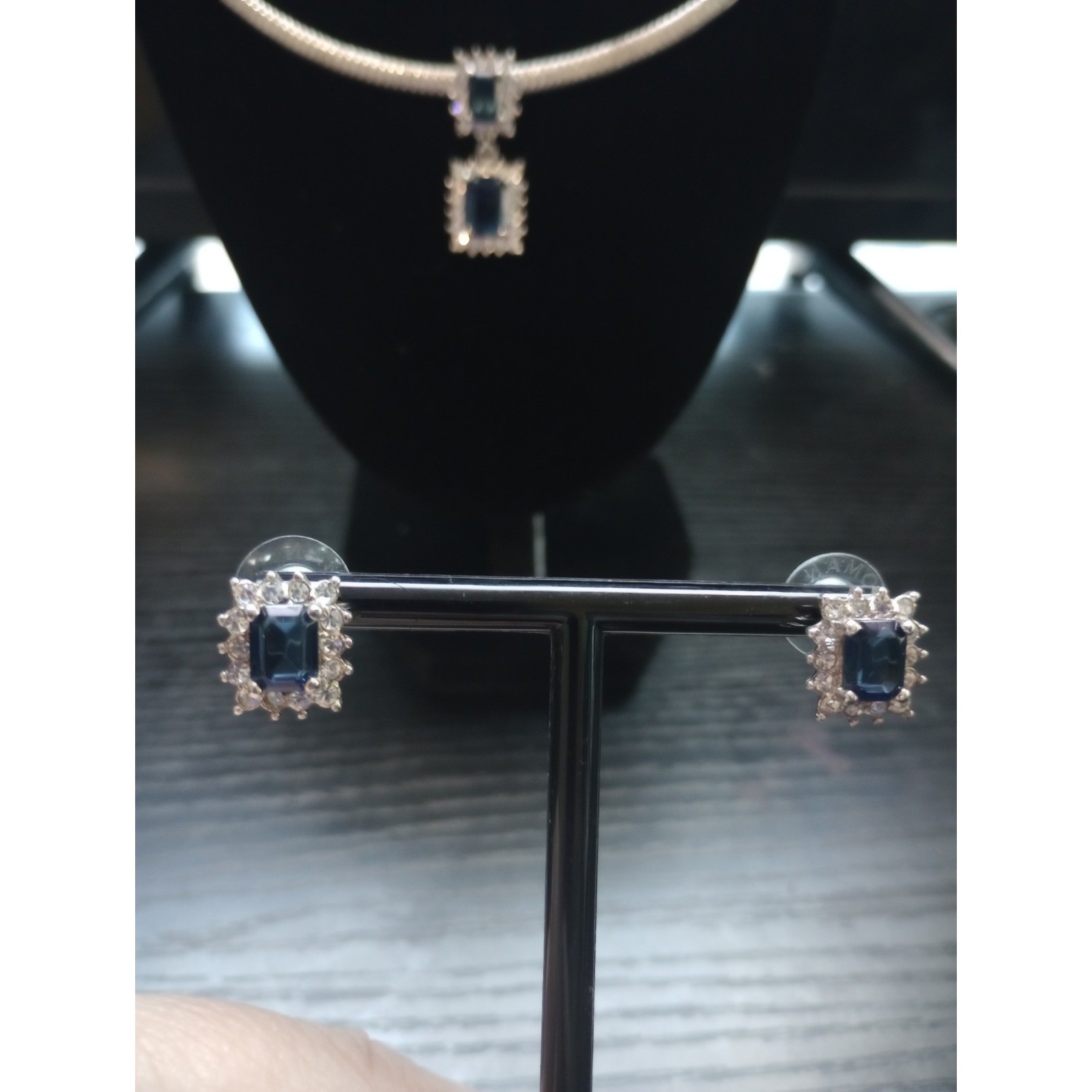 Roman Inc Blue Emerald Cut Crystal Halo Necklace & Stud Earring Set Silver Tone