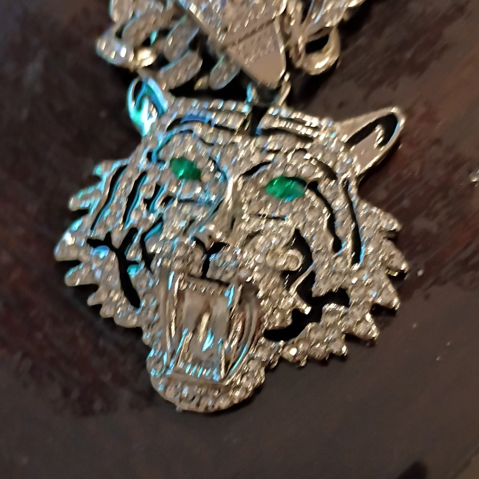 Silver Plated Cuban Link Chain Necklace Tiger Head Pendant CZ Pave Box Clasp