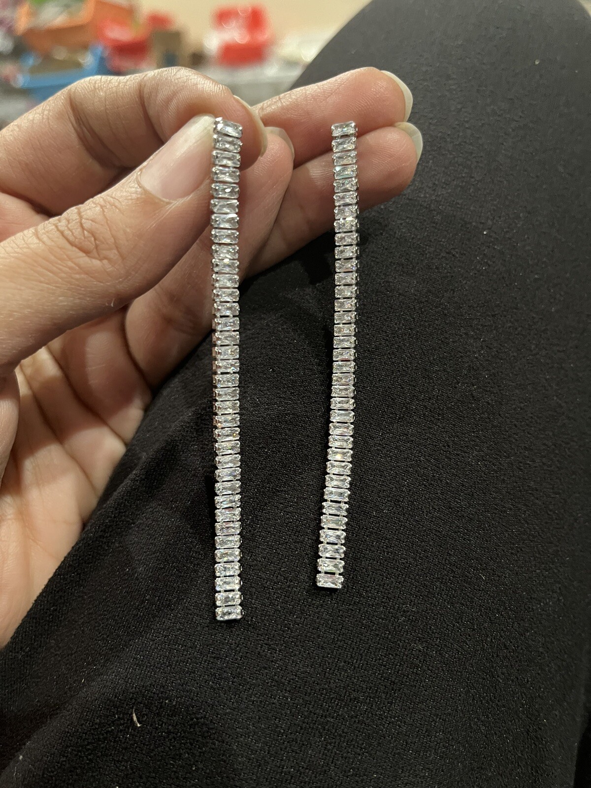 Very Long Silver Earrings Clear White Crystal Extra Long Earrings Rhinestone