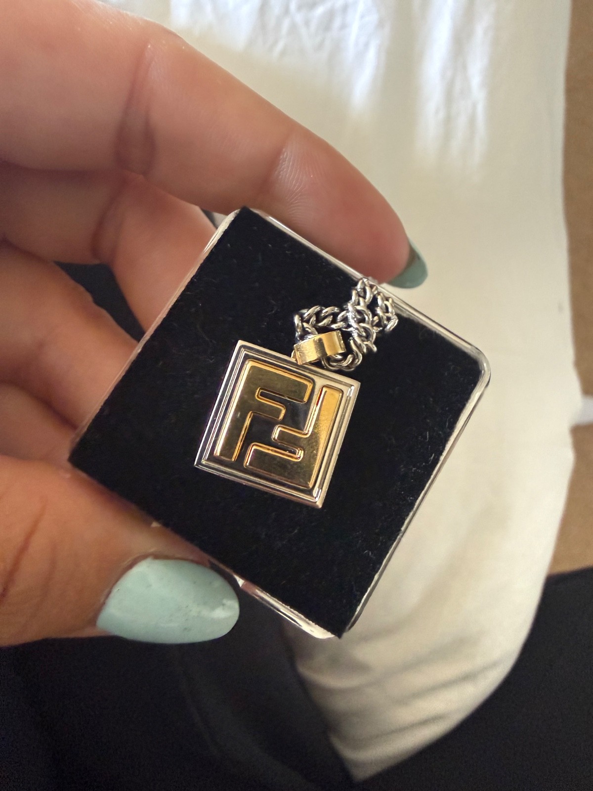 Fendi Silver Gold Tone Metal Pendant Necklace 23.6 in