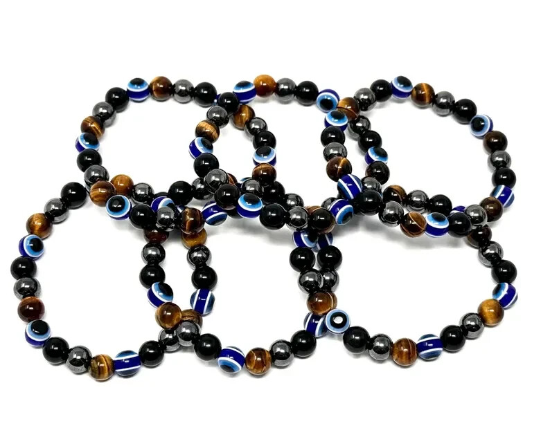 Evil Eye Triple Protection Bracelet – Gold Tiger Eye, Black Obsidian, & Hematite