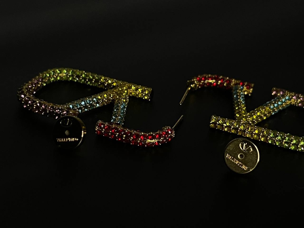 Vintage Valentino Rainbow Crystal V Logo Hoop Earrings