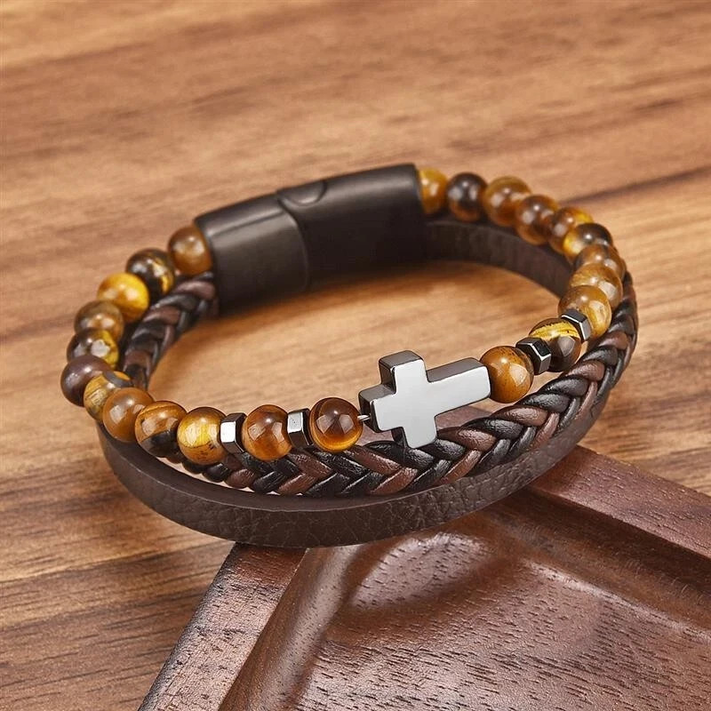 Men’s Cross Leather Braided Bracelet Tiger Eye Stone Protection Cuff Bangle Gift