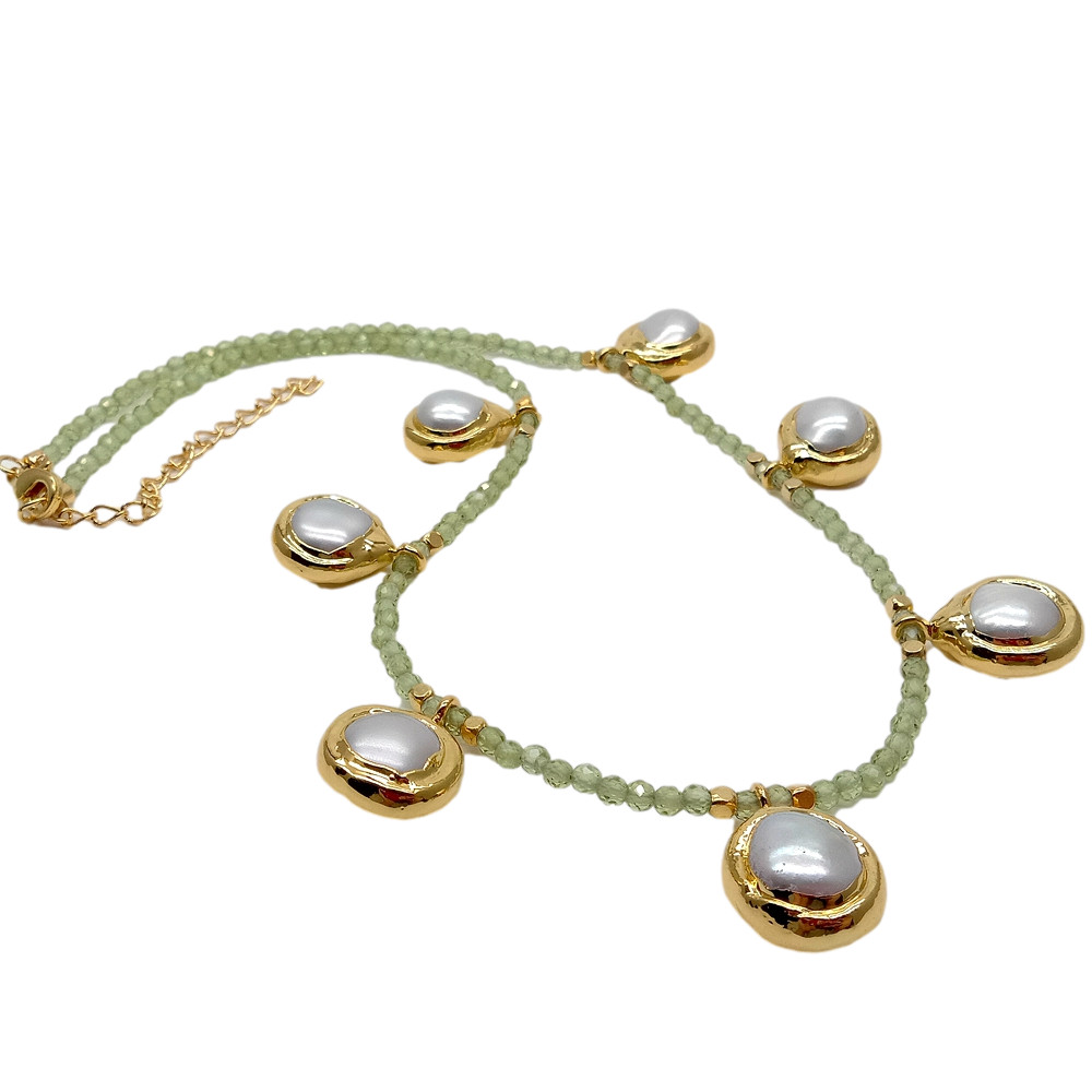 Natural Green Peridot Choker Necklace Cultured White Pearl Charm 17″