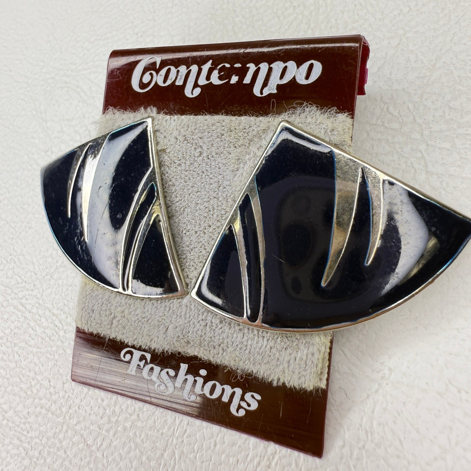 Contempo Fashions Vintage 80s Clip On Earrings Black Silver Tone Geometric