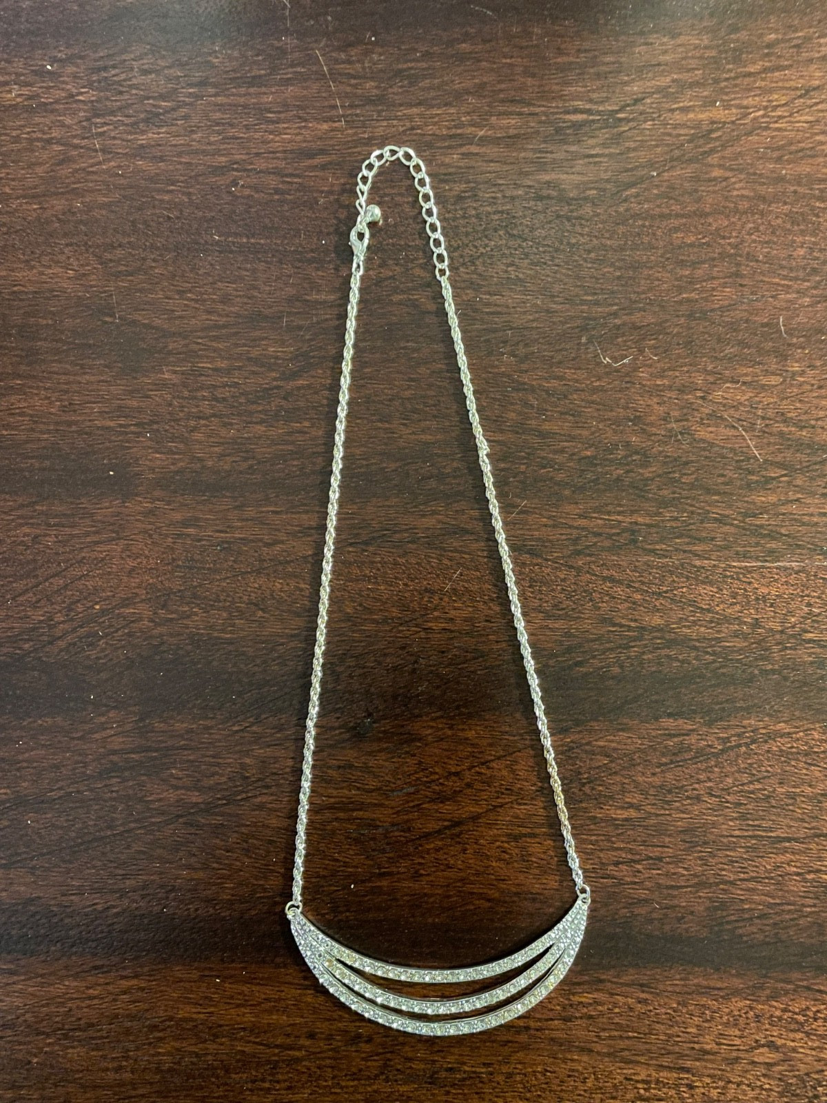 Elegant Station Necklace w/Three Scalloped Rows of Clear Crystal Rhinestones 18″