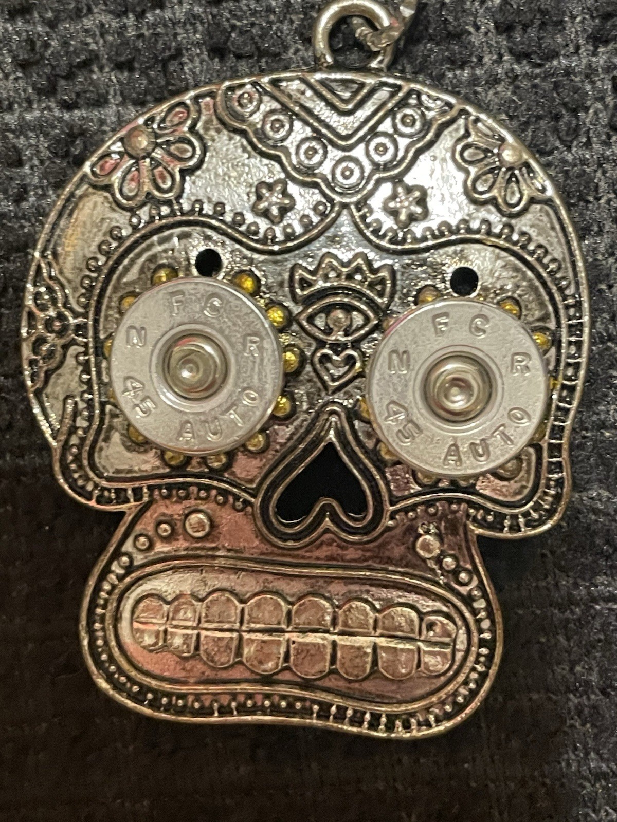 Unique Silver Necklace And Matching Earrings Skeleton, Peace Signs And Bullets