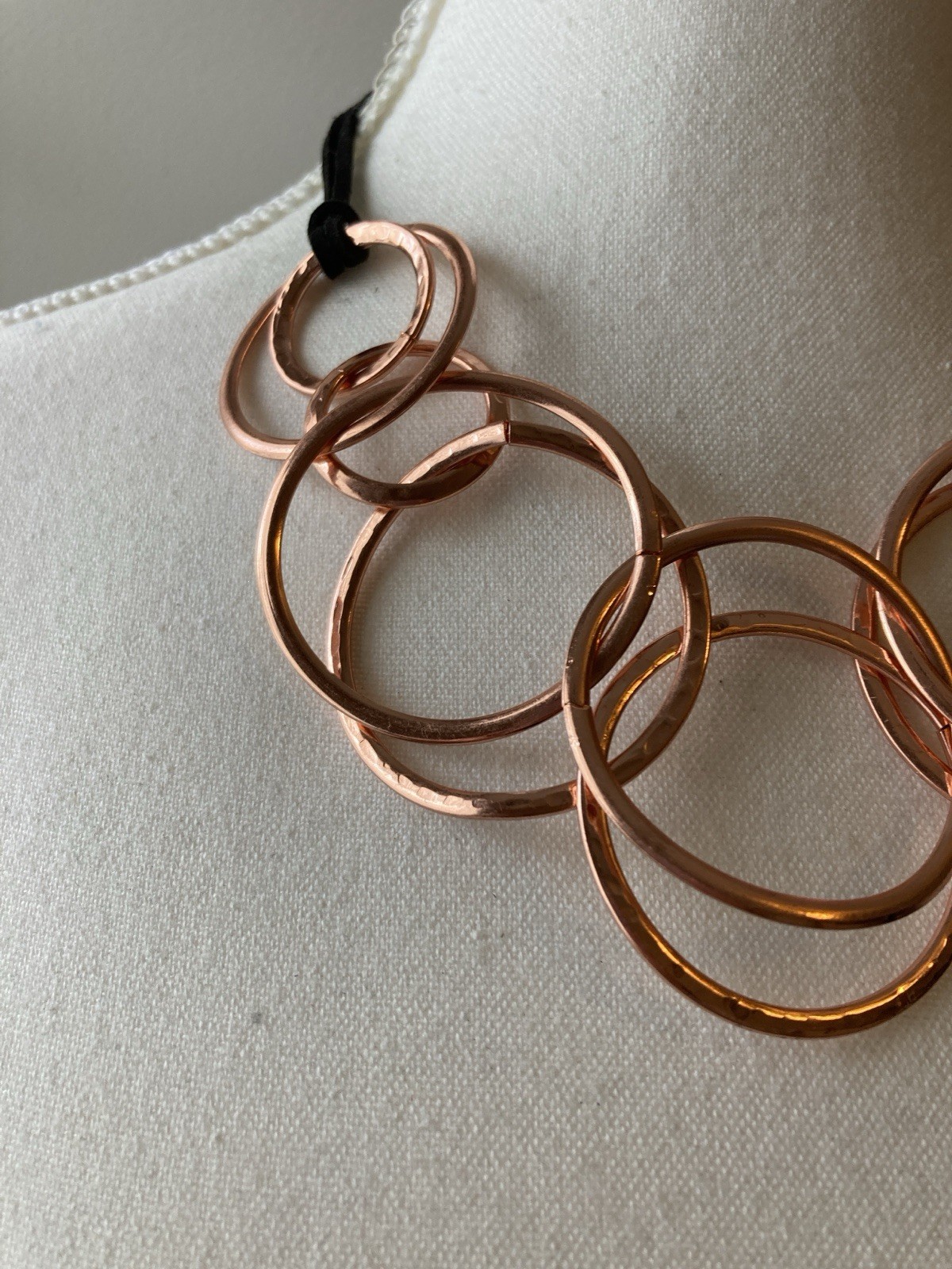 Linked Circle Necklace Cord Modernist Geometric Copper Tone Rose Gold Tone